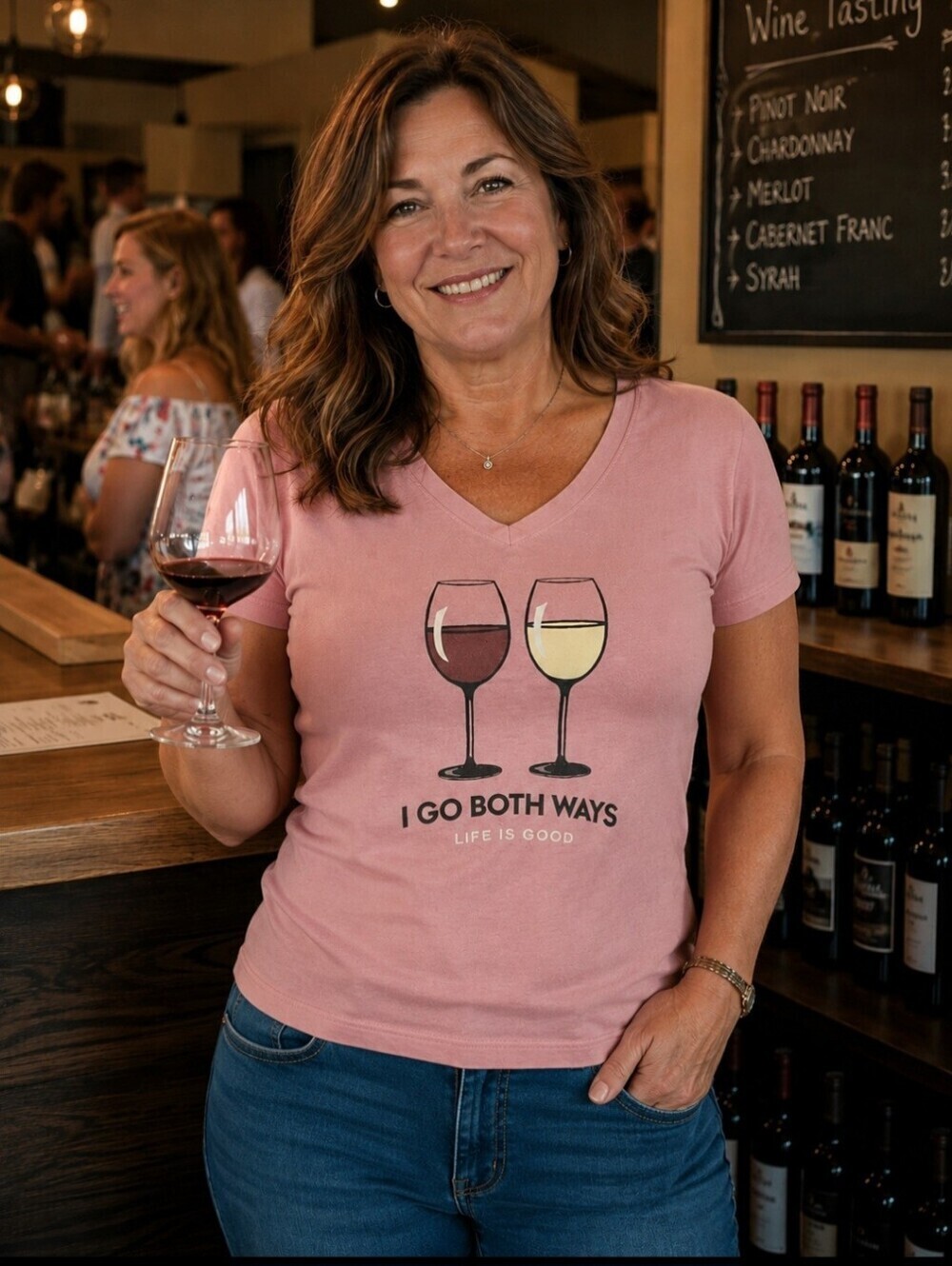 Life Is Good Women’s Size Large V-neck Pink Crusher Tee Wine I Go Both Ways